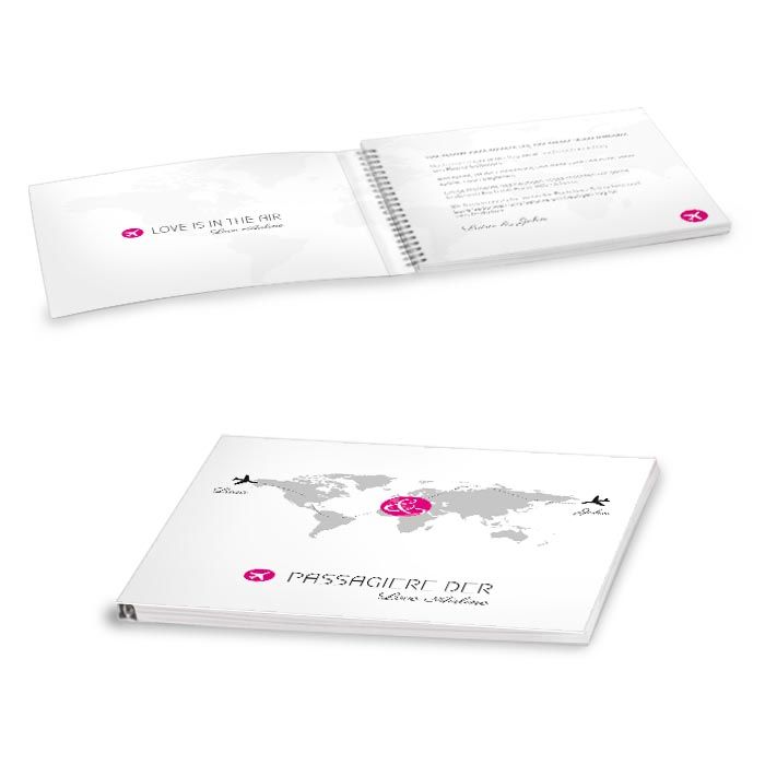 Gästebuch mit Umschlag mit Weltkarte und Flugzeugen in Pink